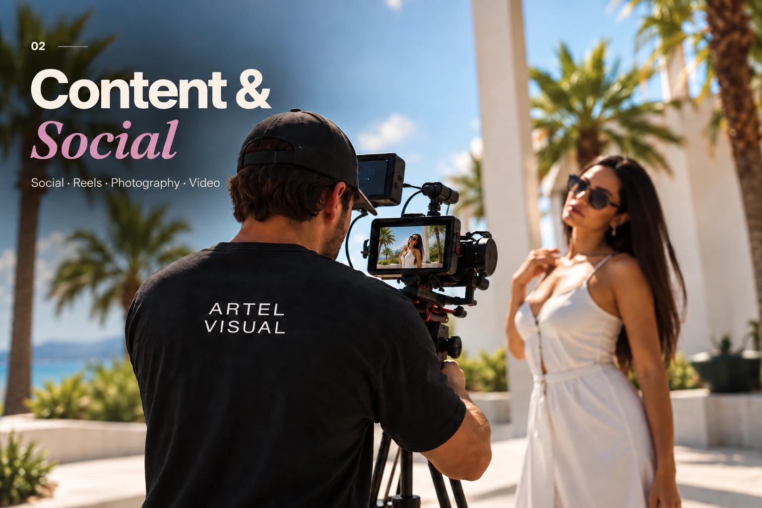 Content & Social — a videographer filming a model on location under palm trees